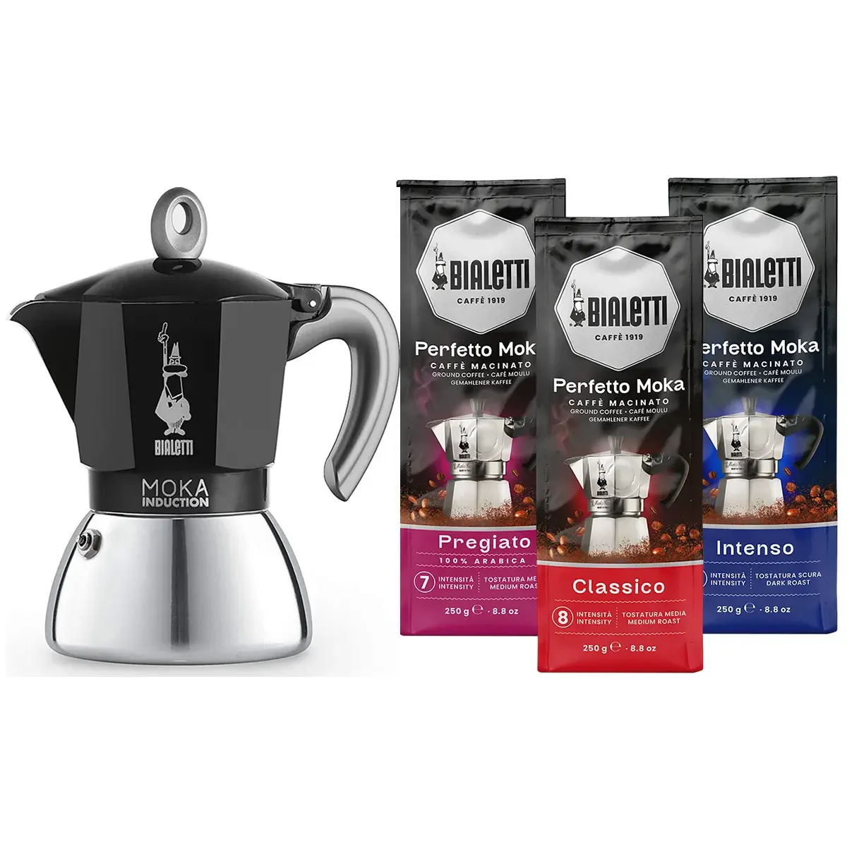 Bialetti Moka Inductie Zwart + Bialetti koffie proefpakket