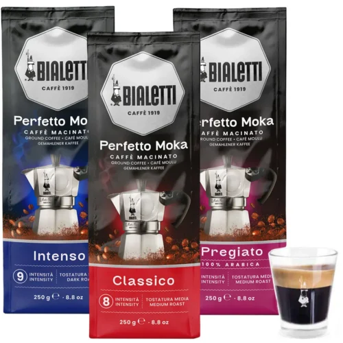 Bialetti Perfetto Moka koffie proefpakket 3 x 250 gram met espresso glas