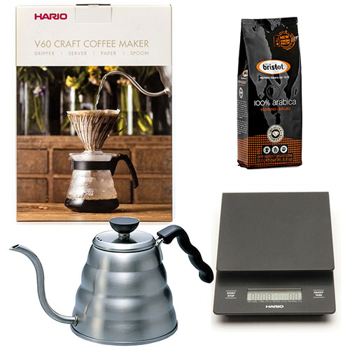 Hario Craft Coffee Maker + Hario Weegschaal + Hario Waterketel 1.2 liter + Bristot Diamante 100% Arabica koffie