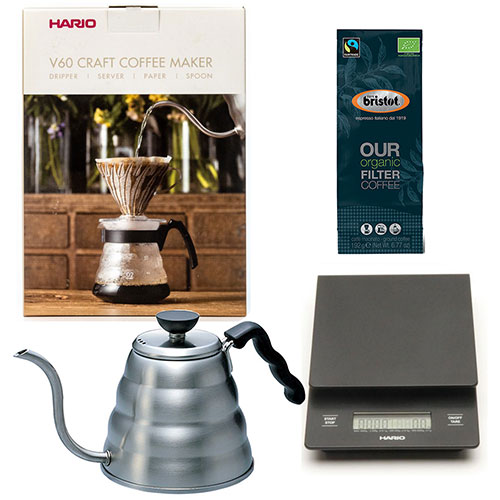 Hario Craft Coffee Maker + Hario Weegschaal + Hario Waterketel 1.2 liter + Bristot OUR Biologische Koffie