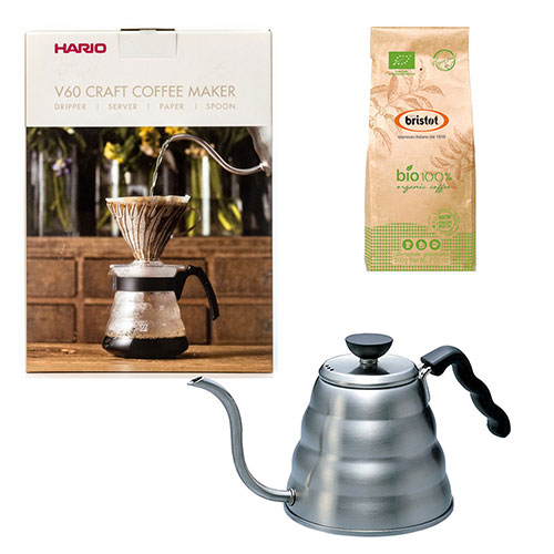 Hario V60 Craft Coffee Maker Kit + Hario V60 Buono Waterketel 1.2 liter + Bristot BIO 100% biologische koffie
